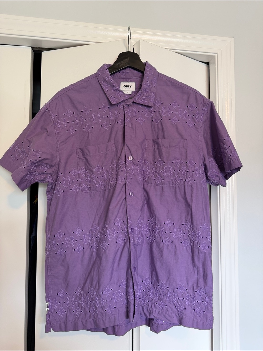 Obey Men’s Purple Eyelet Short-Sleeve Button-Up Shirt